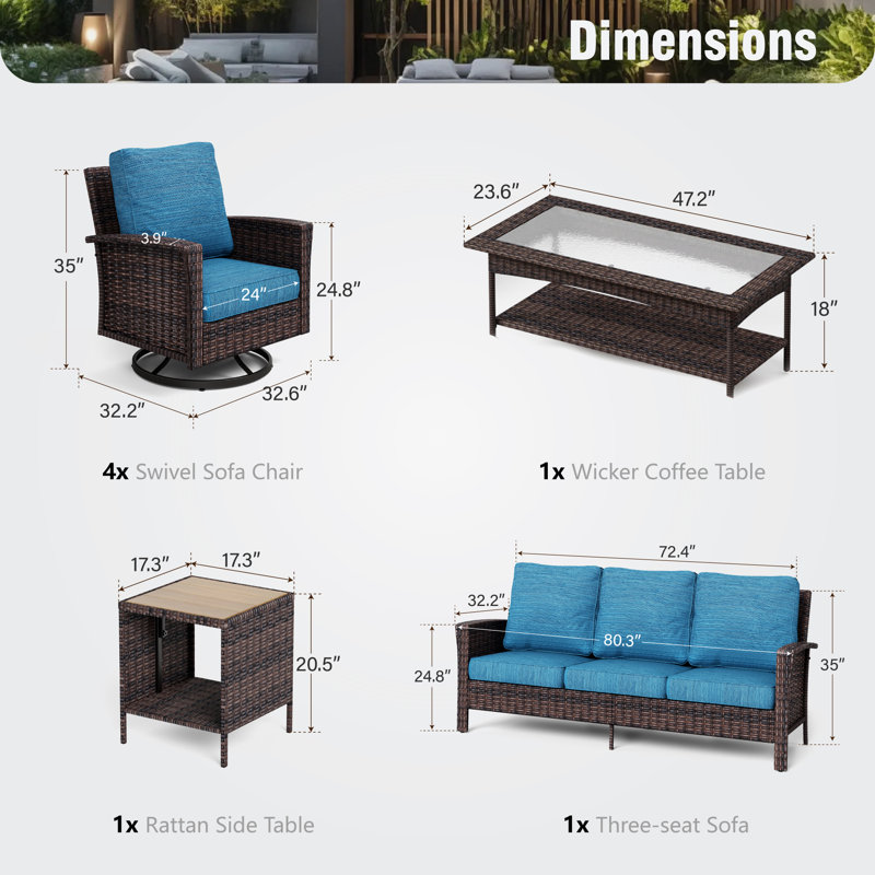 Outdoor Wicker Patio Conversation Furniture Set, Peacock Blue