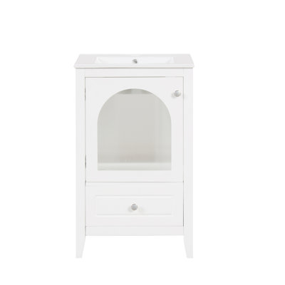 Meuble-lavabo de 20 po avec lavabo, armoire de salle de bain avec porte en verre à fermeture douce, tiroir, blanc
