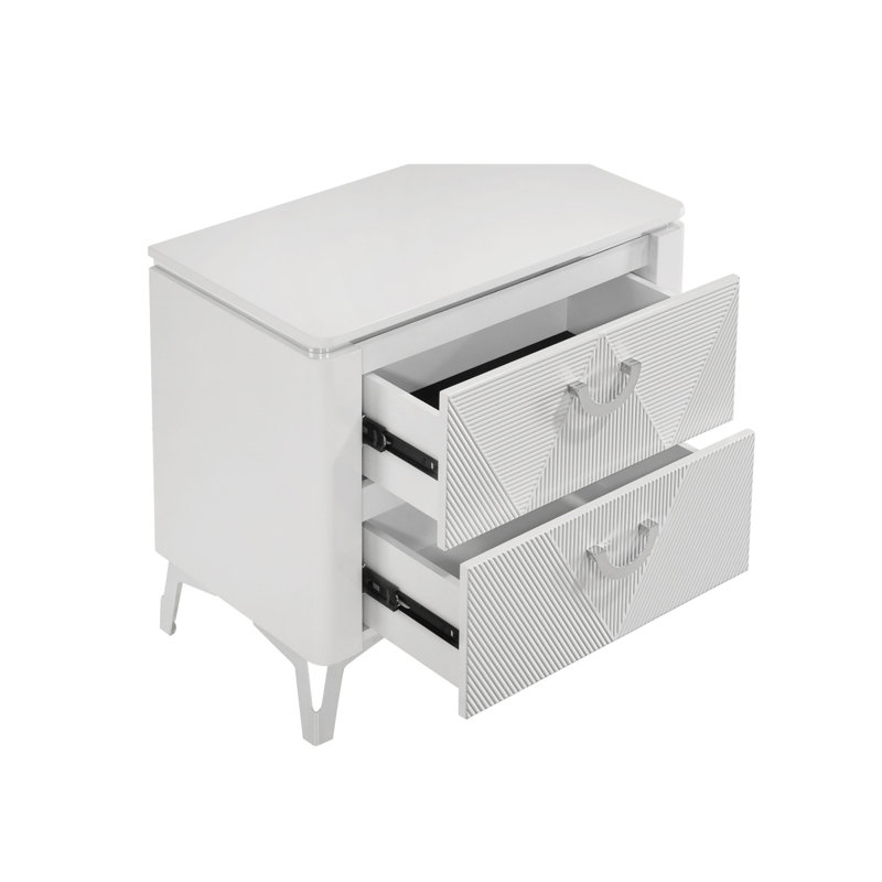 Table de chevet 2 tiroirs avec double port USB, blanc brillant