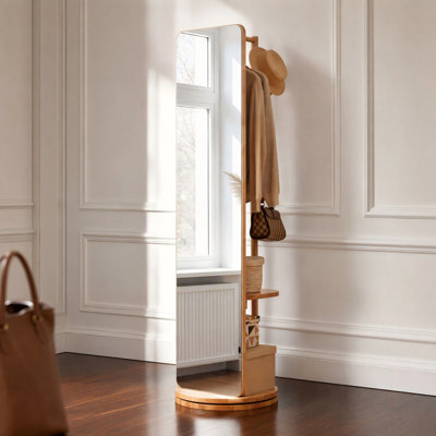 Solid Wood Swivel Full Length Floor Mirror with Coat Rack, Freestanding Mirror Stand for Bedroom Living Room Cloakroom,Walnut