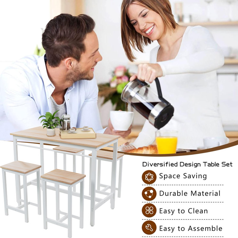 5-Piece Modern Kitchen Bar Table Set With Four Bar Stools, Metal Frame & White Oak MDF