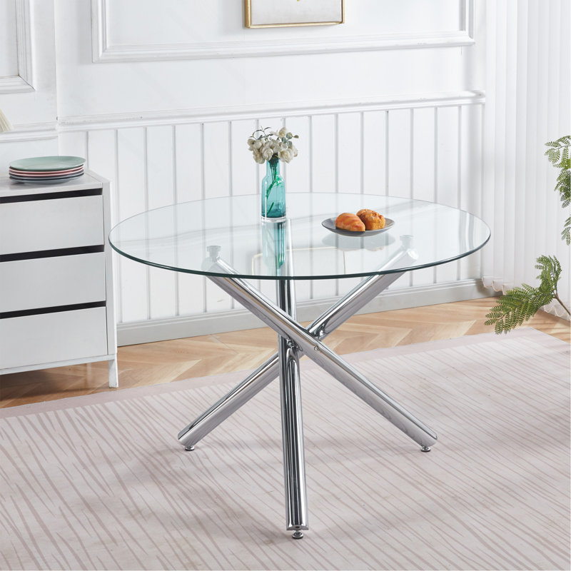 Table de salle à manger chromée avec pieds en métal et verre, table de cuisine moderne pour le salon, 110 x 110 x 75 cm