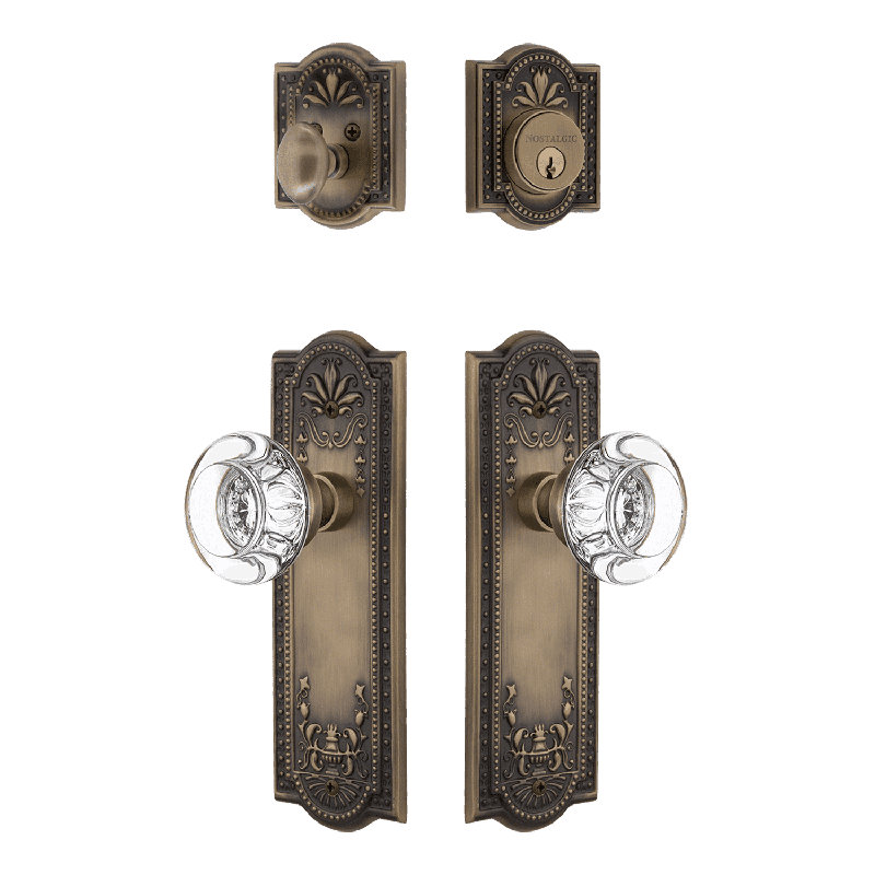 Nostalgic Warehouse Meadows Entry Set with Round Clear Crystal Knob, Antique Brass, 2.375