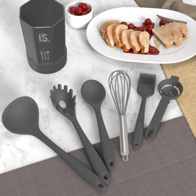 Ensemble d'ustensiles de cuisine en silicone résistant à la chaleur jusqu'à 230 °C (446 °F) : spatules, pinces, cuillères, accessoires pour la cuisine antiadhésive, compatibles au lave-vaisselle et sans BPA (gris).
