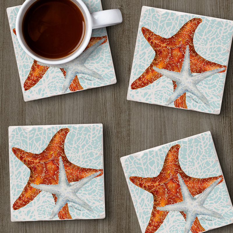 Thirstystone "Seas The Day Starfish" 4-Pack Tumbled Tile Stone Coasters