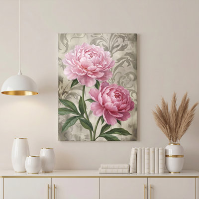 Reproduction de peinture à l'huile sur toile tendue à motif floral de pivoines roses sur fond damassé rétro pour le décor de chambre à coucher