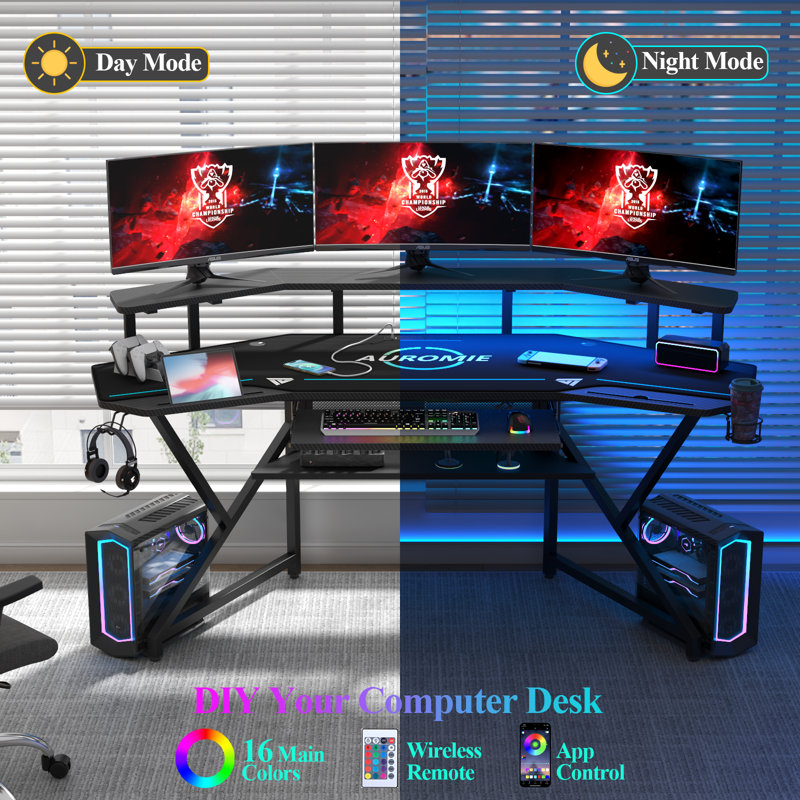 Berlanga Gaming Desk with Power Outlet & Led Strip, Large Wing-Shaped Computer Desk with Monitor Stand