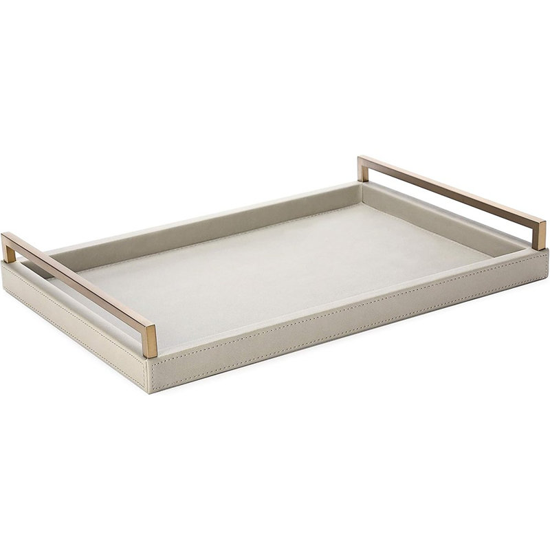 Plateau de service décoratif en similicuir gris pour table basse avec poignées en acier inoxydable doré mat