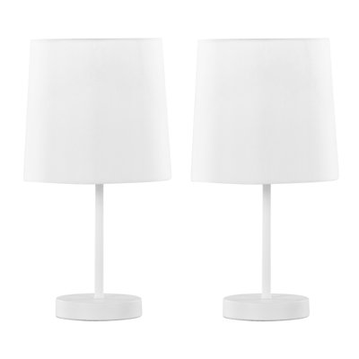 Set of 2 Contemporary White Metal Accent Lamps with White Fabric Shades, 16" H