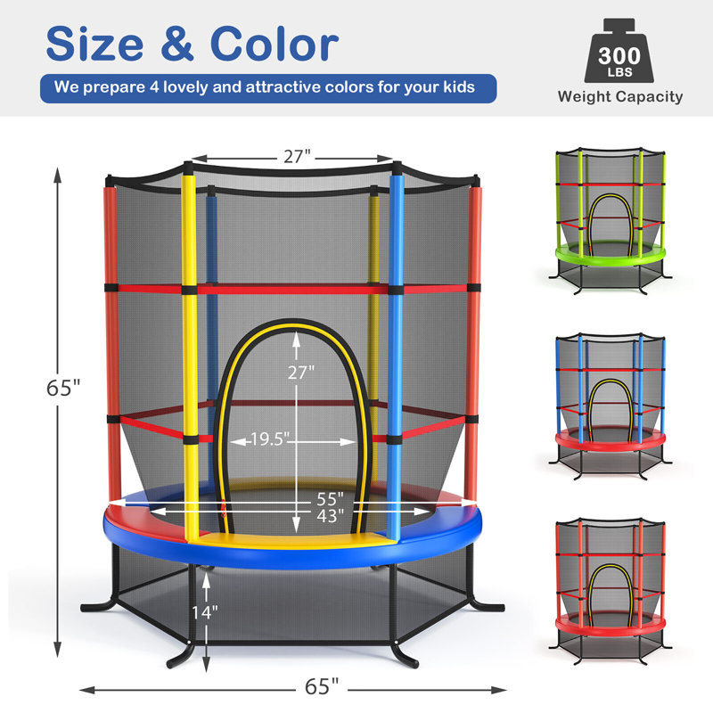 Trampoline de jardin rond de 5,4 pi avec enceinte sécuritaire Gymax, Rouge / jaune / bleu