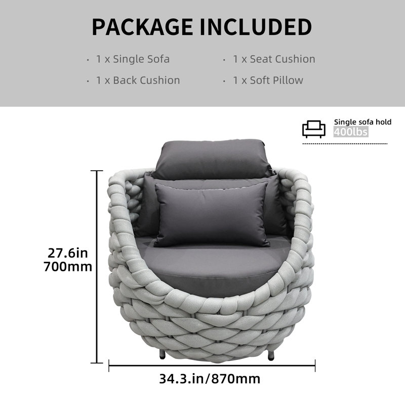 Chaise de patio d'extérieur en polyester avec coussins Kohji, Gris foncé, Gris clair