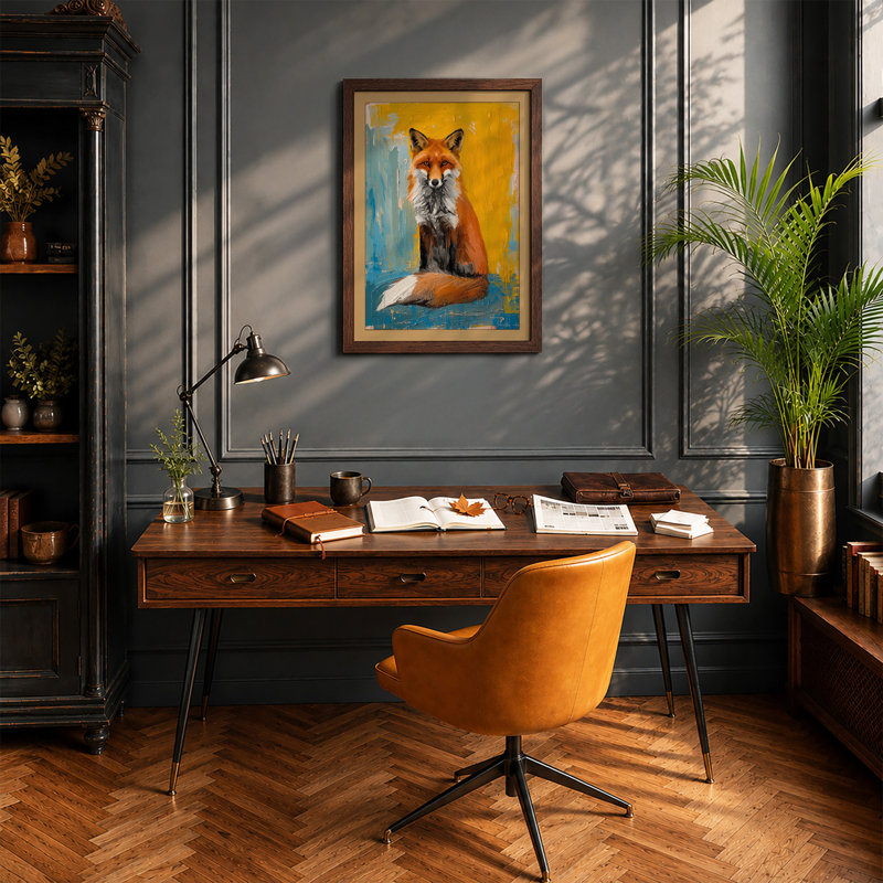 Contemplative Fox Modern - Framed Print, A2 - 59.4 x 42.0 cm, Walnut