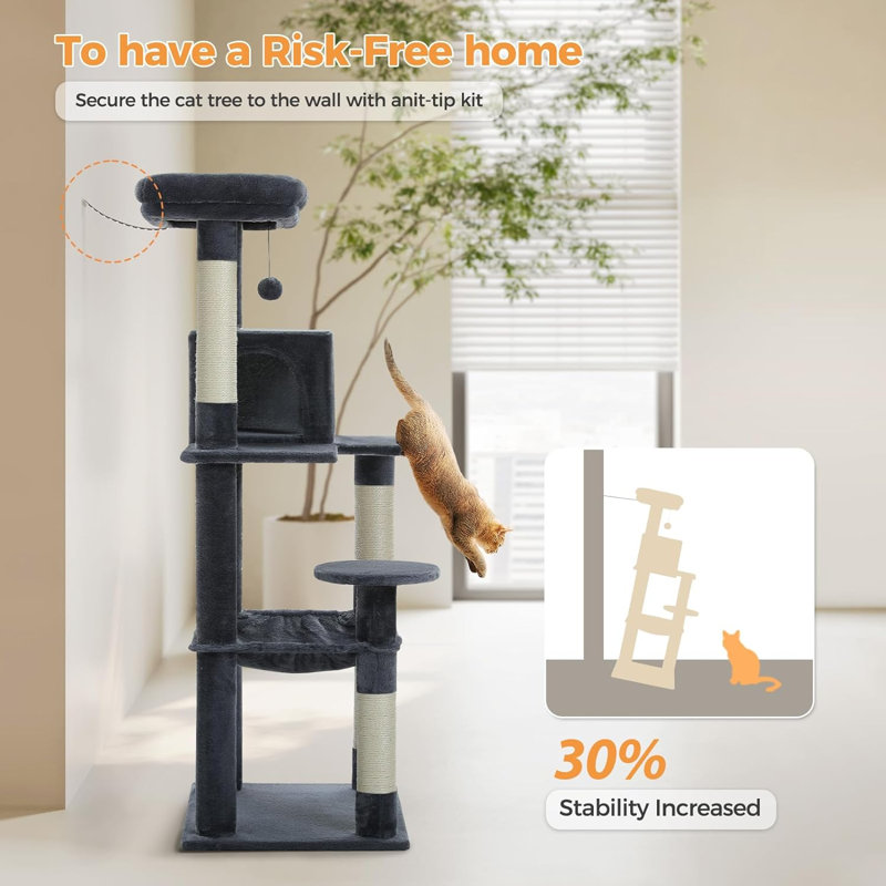 Grand arbre à chat Evleyn pour chat d'intérieur, tour pour chat multi-niveaux avec hamac très grand, Gris foncé