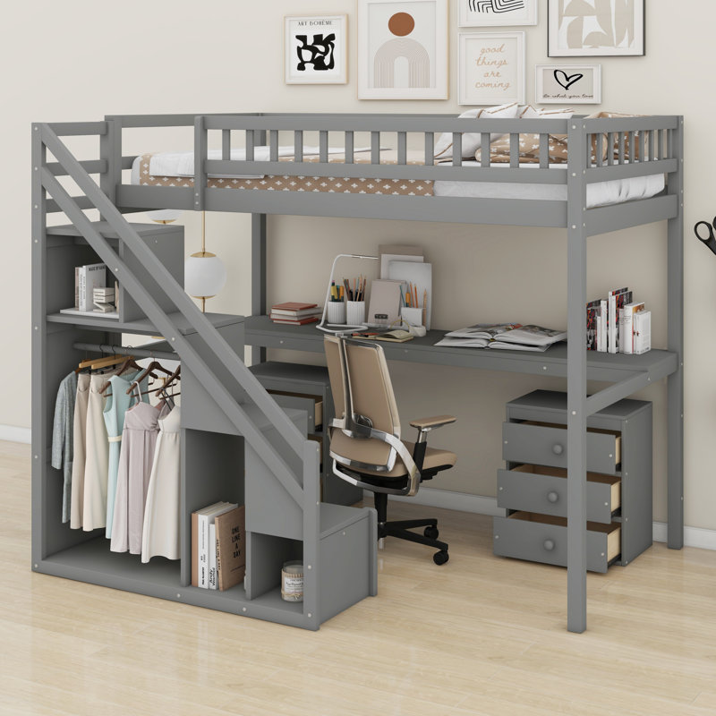 Lit mezzanine avec commode, bureau et bande lumineuse, Gris, Lit simple