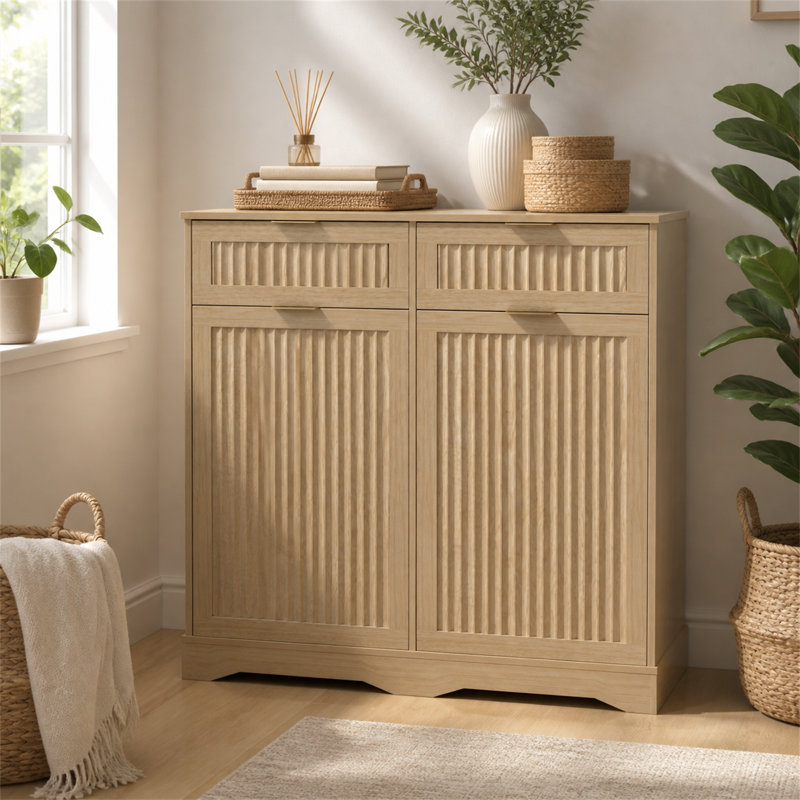 Armoire à double poubelle inclinable pour 2 bacs de 10 gallons, armoire de rangement à cannelures de ferme avec 2 tiroirs et crochets, armoire de cuisine autoportante (ne comprend pas la poubelle) 