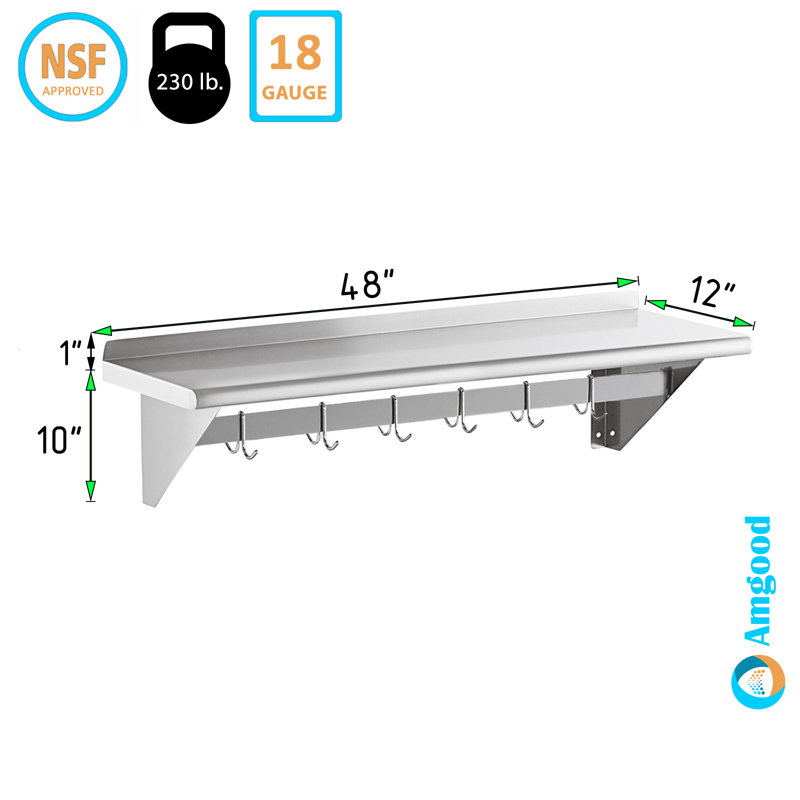48" Stainless Steel Wall Mounted Pot Rack with Shelf and Hooks