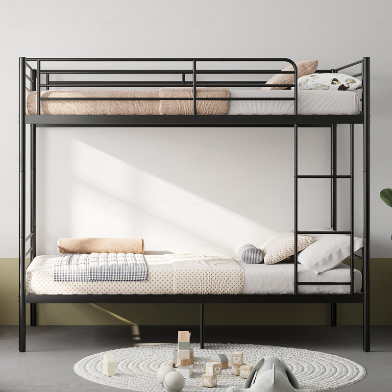 Lit superposé avec échelle et garde-corps haut, 19 traverses de lit, capable de se diviser, lit superposé en métal, espace de rangement, silencieux, lit simple au-dessus d'un lit simple