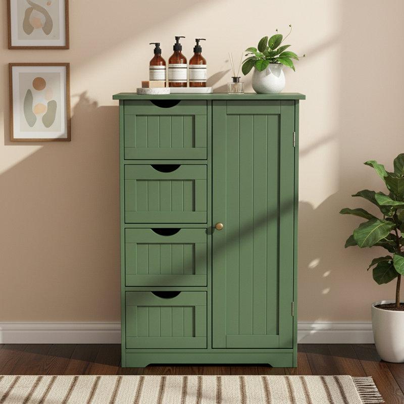 Green Bathroom Storage Cabinet With 4 Drawers And 1 Door, Green