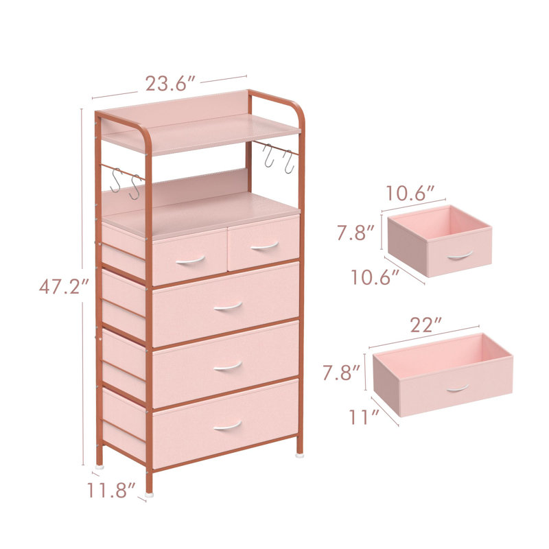 Space-Saving 5-Drawer Fabric Entryway Storage Cabinet – Metal Frame, 2 Open Shelves, Side Hooks, Modern Hallway Organizer, Easy Assembly