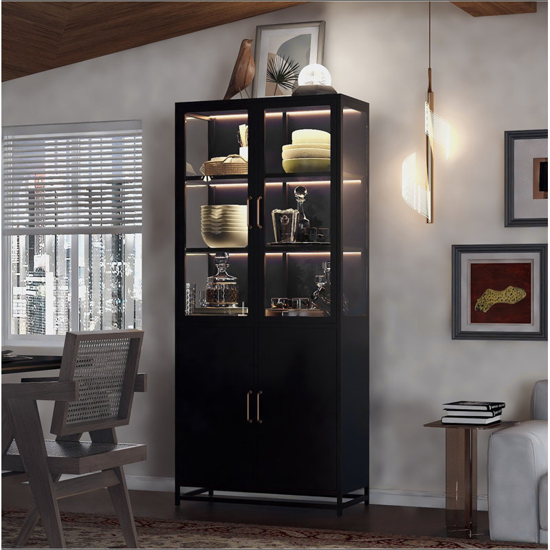 Vitrine de 76,75 po de hauteur, avec portes en verre et lumières DEL, armoire vitrée en acier avec verre à 3 côtés, garde-manger avec rangement pour les couloirs, salon, cuisine, décoration intérieure et bureau