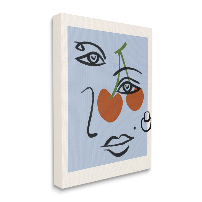 Abstract Face with Cherries on Blue Canvas Wall Art