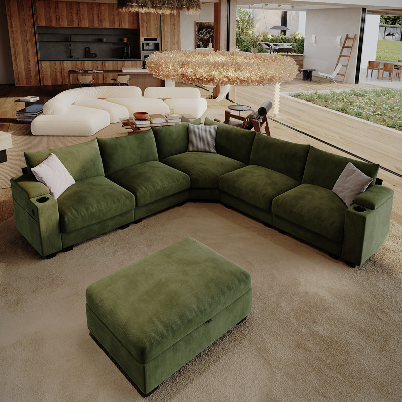 107 '' L-Shaped Modular Sectional Sofa, Living Room Comfy Corner Cloud Couch, With Ottoman Storage, Green