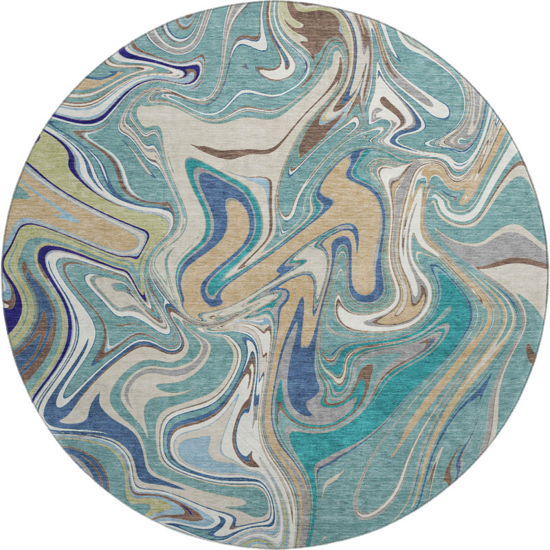 Premium Machine Washable Mayfield AMF2395 Abstract Rug, Teal, 8' Round