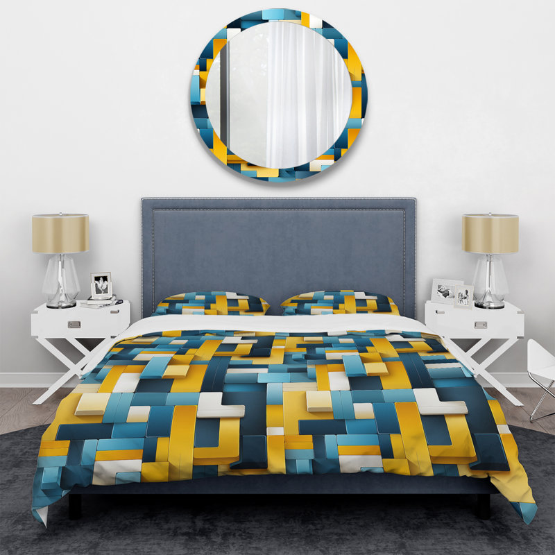 Ensemble de housse de couette géométrique jaune et bleu Harmony Blocks, Housse de couette pour grand lit et 2 taies décor