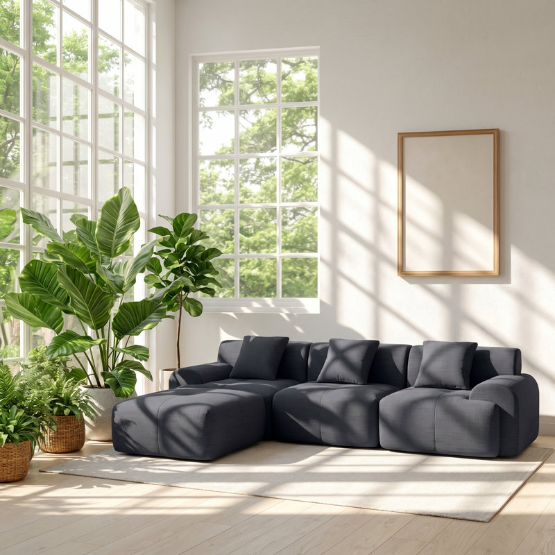 Everleigh 113" W x 73.6" D x 26.8" H Corduroy 3-Seat Modular Sectional Sofa, Gray Corduroy