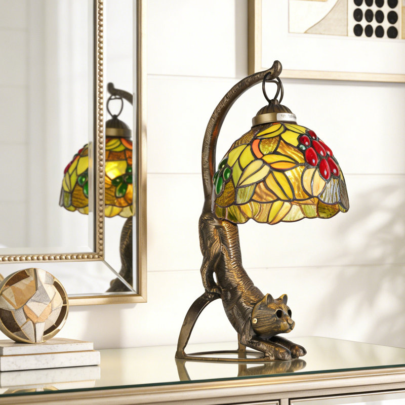 Lampe de table vintage en verre coloré avec figurine de chat