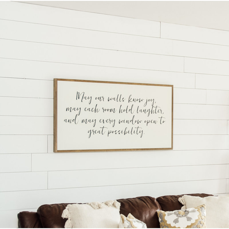 «May Our Walls Know Joy», art mural encadré en bois, Cadre brun clair, Noir, H 18 po x l 36 po