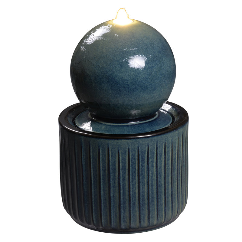 Blue Ceramic Sphere Fountain, Decorative Water Fountain with LED Lights and Quiet Pump, Indoor Outdoor Water Feature for Patio, Garden, Deck, Balcony, Office and Home Décor, Relaxing Cascading Water Design