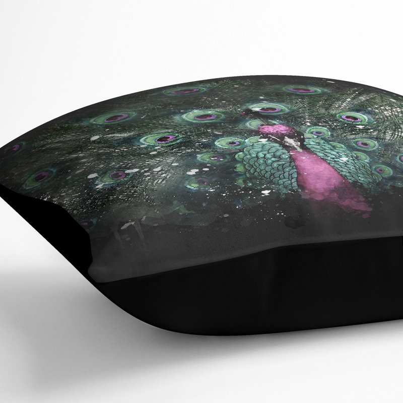 Mesmerising Peacock Paint Splash Cushion with Filling, Black, 40cm H x 40cm W x 15cm D