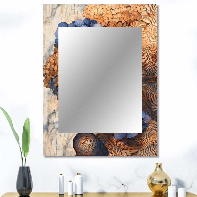 Aqua hydrangées fleurs sur glissoire en bois II - grand miroir mural hydrangées, miroir décoratif traditionnel, impression d'art en métal