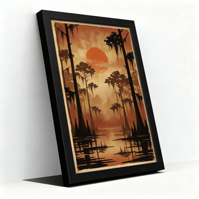 Toile noire encadrée en bois noir pour le salon, la chambre à coucher, le bureau ou le vestibule - Décoration murale décorative avec marais coucher de soleil