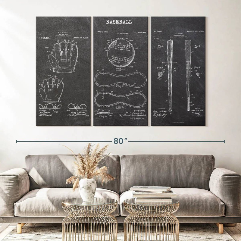 Ensemble de 3 pièces de brevet de baseball sur toile, H 42 po x l 65 po x P 1,25 po