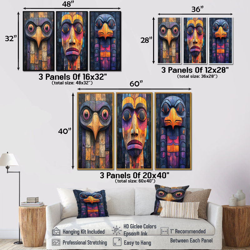 Ravens Call Totem I - Native American Art Totem Wall Art Collection, Toile tendue, H 28 po x l 36 po, Ne s’applique pas