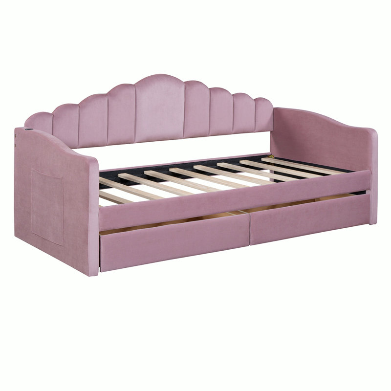 Upholstered Daybed With 2 Drawers, Pink