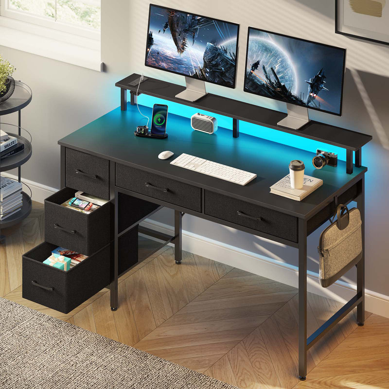 Linze Computer Desk w/ Monitor Shelf, RGB LED Lights, USB Ports & Drawers, 35.20"H x 55.10"W x 18.50"D, Black