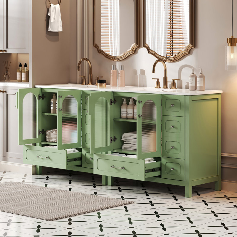 36 meubles de salle de bain avec portes en verre texturé gaufré, finition fraîche, design de rangement intelligent, quatre tiroirs, tablette réglable, charnières, rails coulissants lisses, taille compacte, idéal pour les minimalistes de 72 pouces
