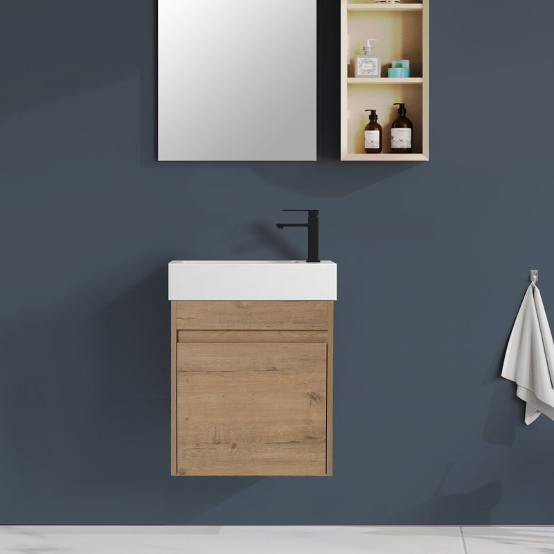 Armoire de salle de bain murale 18 po avec lavabo en résine, meuble-lavabo flottant pour petits espaces, Imitation chêne
