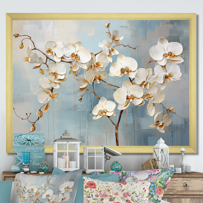 Orchidée beige et or I - impressions sur toile, Cadre photo doré simple, H 34 po x l 44 po x P 1,5 po