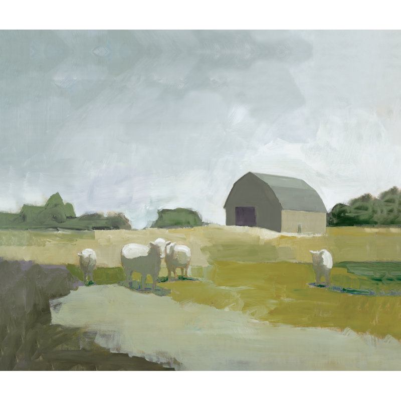 Barn with Sheep Darker - Painting Print, Black Floater Framed, 61cm H x 91cm W