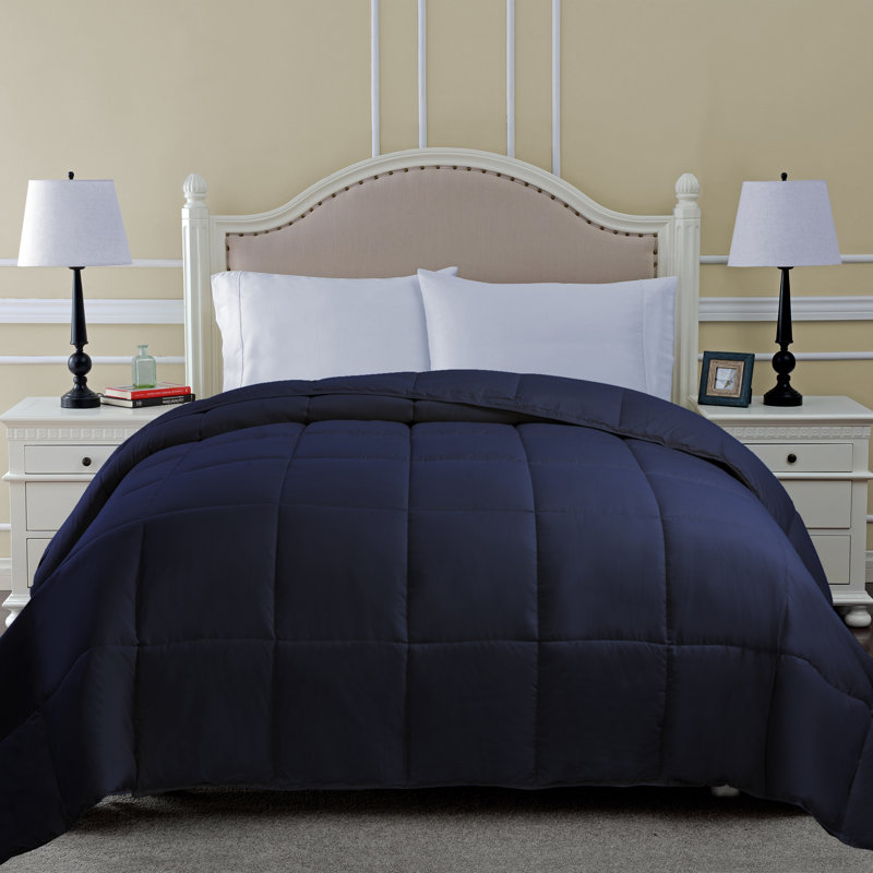 Édredon réversible en duvet synthétique hypoallergénique toutes saisons de poids moyen classique, Bleu marine, Édredon simple