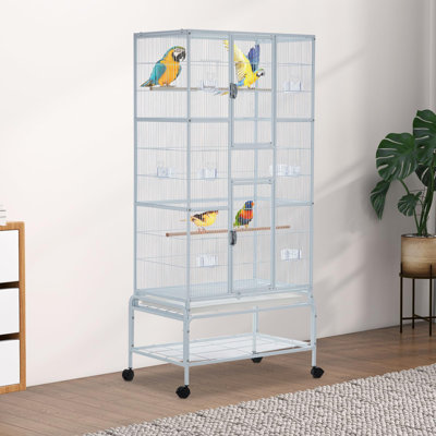 Pet Large Bird Cage, Wrought Iron Parrot Cage with Rolling Stand, Easy Clean Tray, Feeding Doors