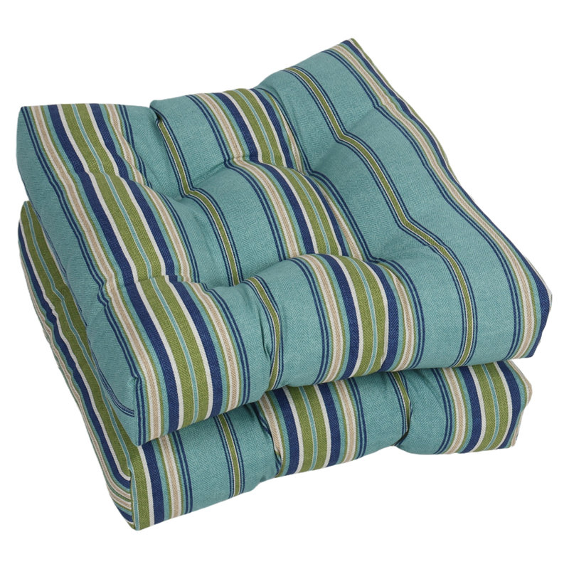 19-Inch Square Outdoor Tufted Dining Chair Cushions (Set Of 2), Tan/Green/Blue/Terrace Breeze Striped