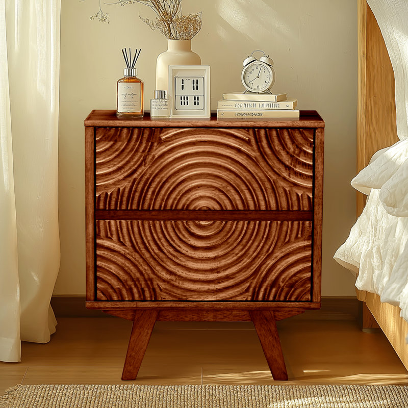 Table de chevet moderne en bois massif à 2 tiroirs avec façade sculptée, Noyer