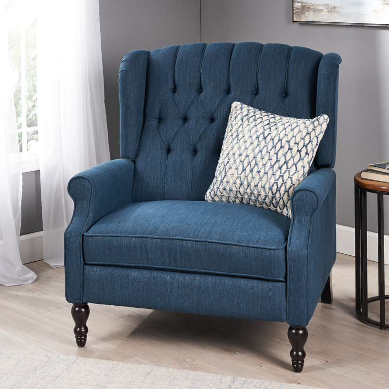Fauteuil inclinable surdimensionné en tissu à oreilles avec garniture cloutée et coutures capitonnées à boutons, Marine