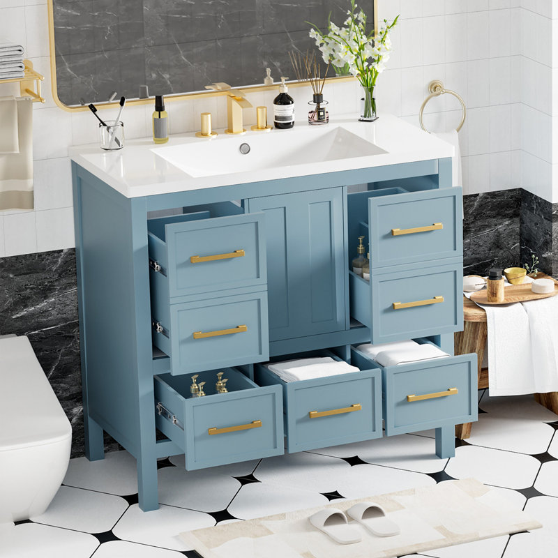 Ensemble de meuble-lavabo 36 po avec lavabo en résine, armoire de rangement en bois massif, ensemble de meuble-lavabo autoportant avec 5 tiroirs et portes à fermeture douce