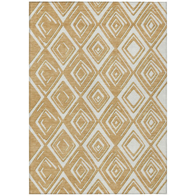 5' X 8' Gold And Ivory Geometric Washable Indoor Outdoor Area Rug